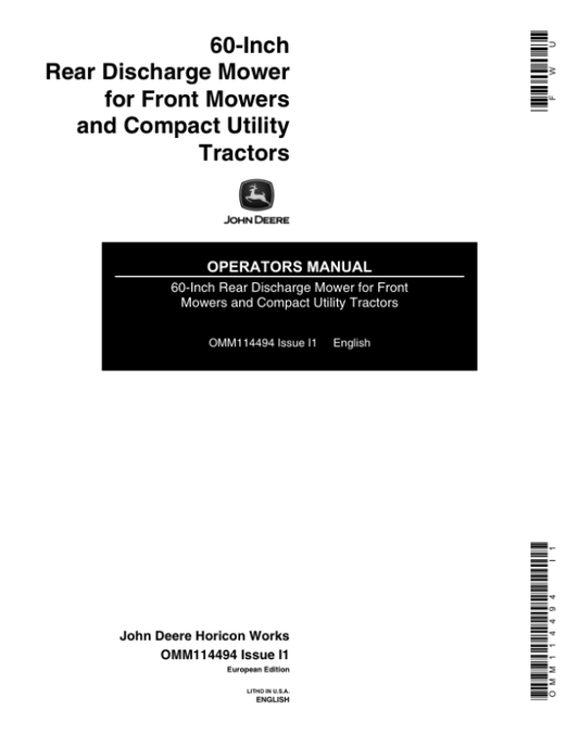 John Deere 60-Inch Rear Discharge Mower for Front Mowers & CUT Operator’s Manual (OMM114494) Workshop Guide