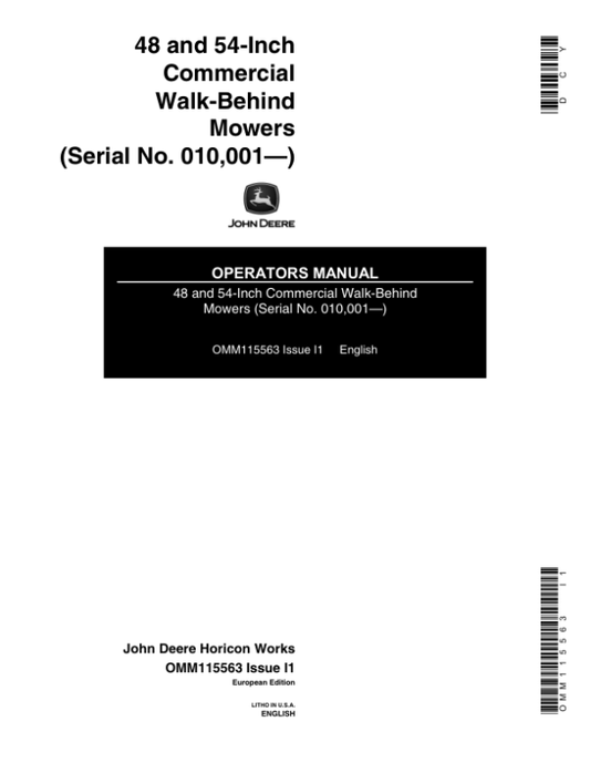 John Deere 48, 54-In. Walk-Behind Commercial Rotary Mower Operator’s Manual (OMM115563) Workshop Guide