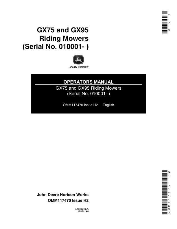 John Deere GX75 & GX95 Riding Mowers Operator’s Manual (OMM117470) Workshop Guide
