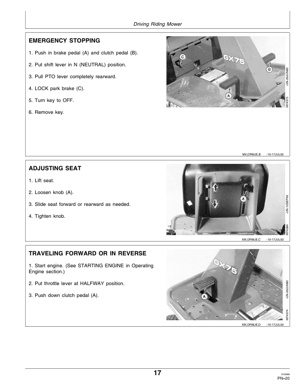 John Deere GX75 & GX95 Riding Mowers Operator’s Manual (OMM117470) Workshop Guide