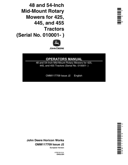 John Deere 48, 54 Inch Mid-Mount Rotary Mower for 425, 445, 455 Tractors Operator’s Manual (OMM117709) Workshop Guide