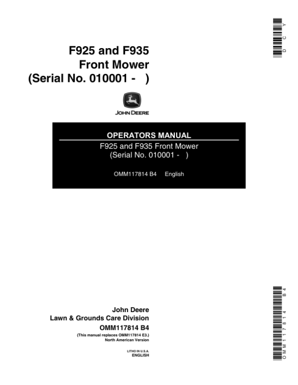 John Deere F925, F935 Front Mower (010001-) Operator’s Manual (OMM117814) Workshop Guide