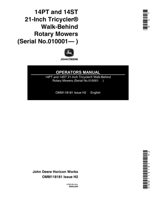 John Deere 14PT, 14ST 21-In. Tricycler Walk-Behind Rotary Mower (010001-) Operator’s Manual (OMM118181) Workshop Guide
