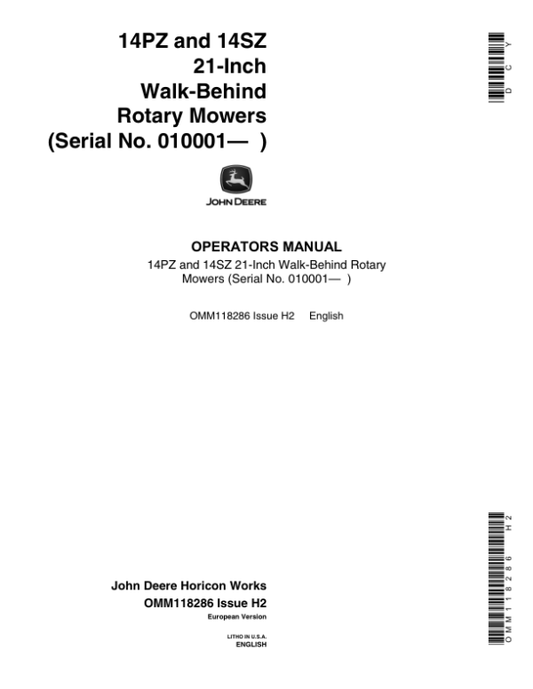 John Deere 14PZ, 14SZ Rotary Mowers (010001-) Operator’s Manual (OMM118286) Workshop Guide