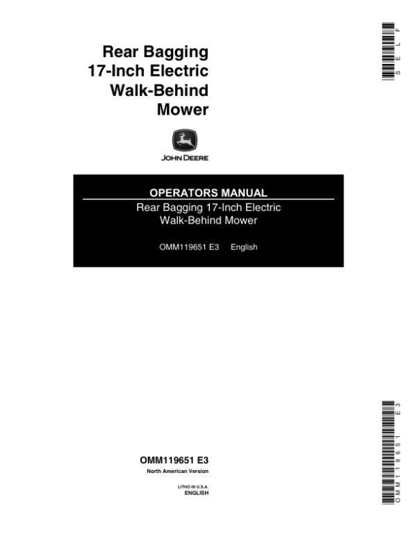 John Deere 17-Inch Rechargeable Walk-Behind Mower Operator’s Manual (OMM119651) Workshop Guide