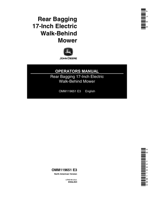 John Deere 17-Inch Rechargeable Walk-Behind Mower Operator’s Manual (OMM119651) Workshop Guide