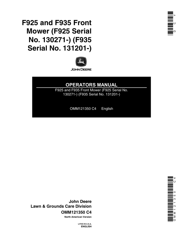 John Deere F925 (130271-), F935 (130001-) Front Mower Operator’s Manual (OMM121350) Workshop Guide
