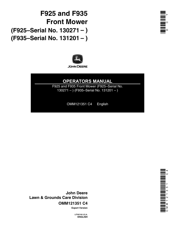 John Deere F925 (130271-), F935 (131201-) Front Mower Operator’s Manual (OMM121351) Workshop Guide