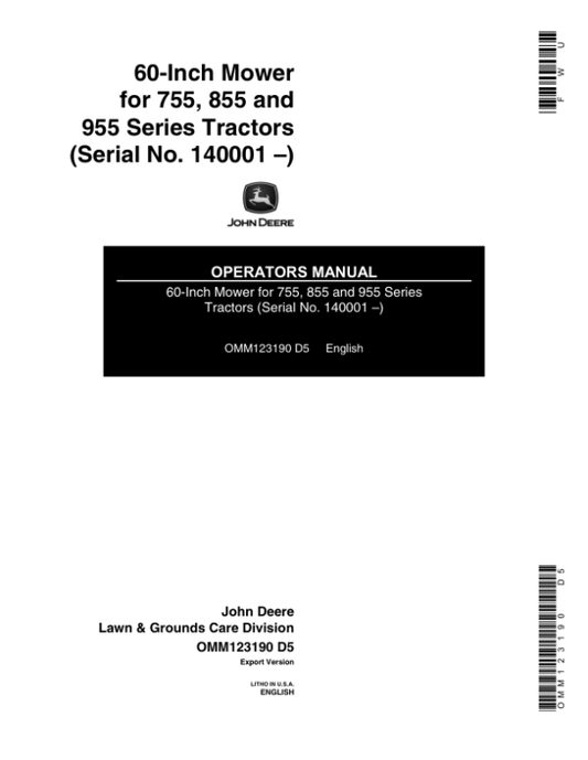John Deere 60-Inch Tractor-Mounted Mower Operator’s Manual (OMM123190) Workshop Guide