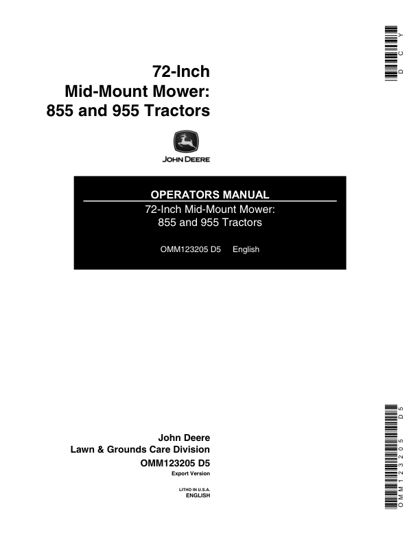 John Deere 72-Inch Mid-Mount Mower – 855, 955 Tractors Operator’s Manual (OMM123205) Workshop Guide
