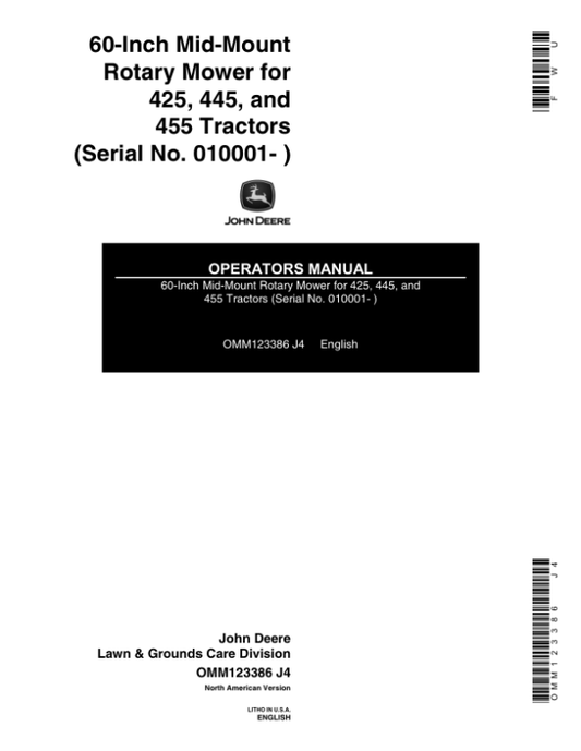 John Deere 60 In. Mid-Mount Mowers Operator’s Manual (OMM123386) Workshop Guide