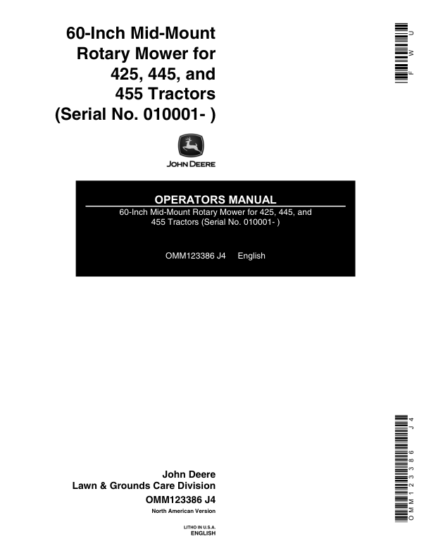 John Deere 60 In. Mid-Mount Mowers Operator’s Manual (OMM123386) Workshop Guide