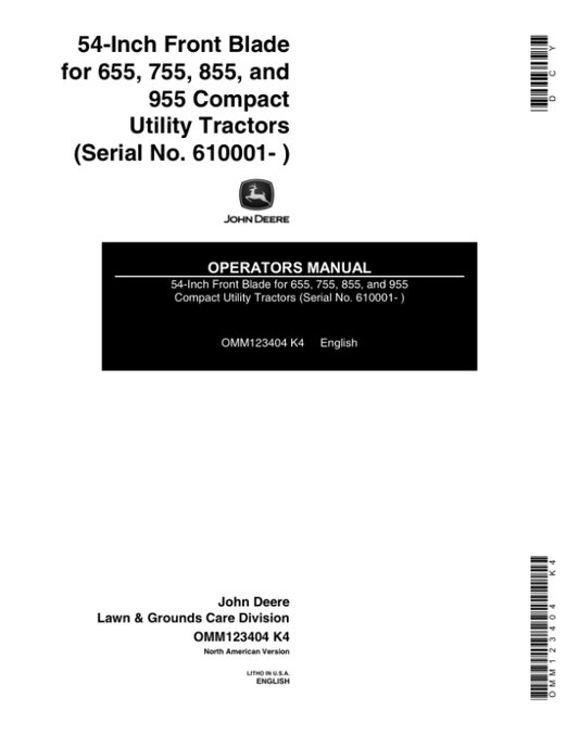John Deere 54-Inch Front Blade (610001-) Operator’s Manual (OMM123404) Workshop Guide