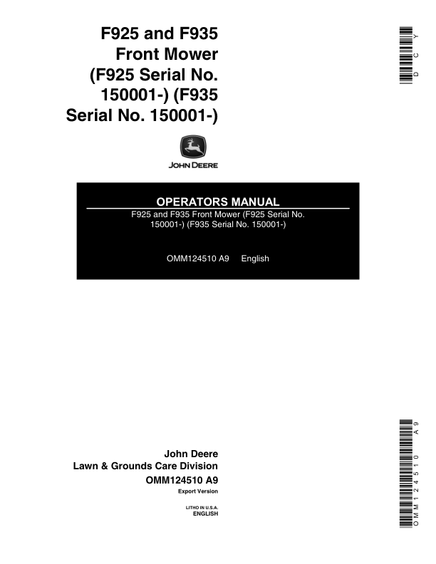 John Deere F925, 935 Front Mower (150001-) Operator’s Manual (OMM124510) Workshop Guide