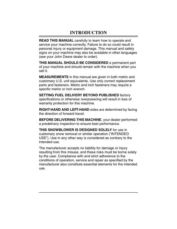 John Deere 1032D, 828D Walk Behind Snowblower (160001-) Operator’s Manual (OMM126620) Workshop Guide