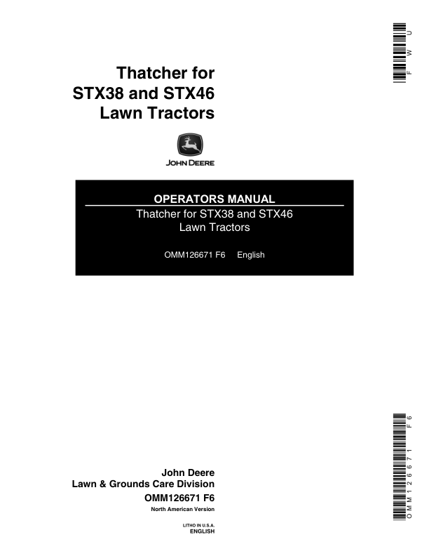 John Deere Thatcher for STX38, STX46 Lawn Tractors Operator’s Manual (OMM126671) Workshop Guide