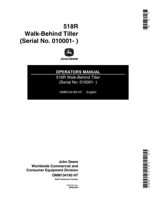 John Deere 518R Walk-Behind Tiller (010001-) Operator’s Manual (OMM134183) Workshop Guide