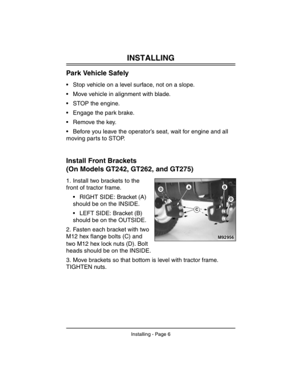 John Deere 48-Inch Front Blade for GT Series Lawn & Garden Tractors (050001-) Operator’s Manual (OMM134478) Workshop Guide