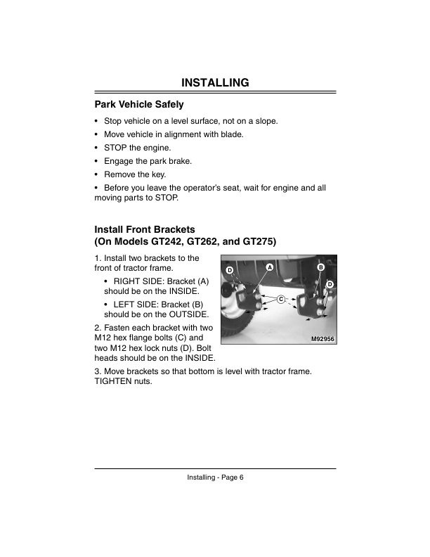 John Deere 48-Inch Front Blade for GT Series Lawn & Garden Tractors (050001-) Operator’s Manual (OMM134478) Workshop Guide