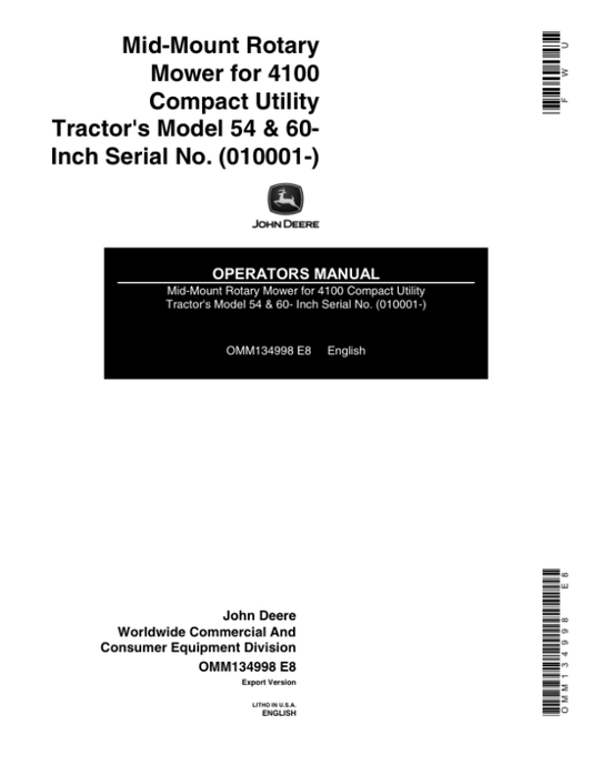 John Deere 54, 60-Inch Mid-Mount Rotary Mowers for 4100 CUT (010001-) Operator’s Manual (OMM134998) Workshop Guide