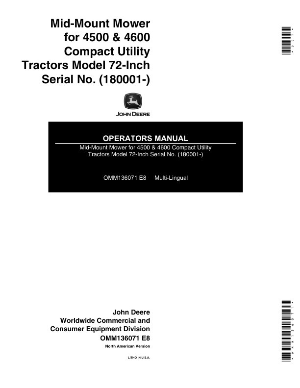 John Deere 72 Inch Mid-Mount Mower (180001-) Operator’s Manual (OMM136071) Workshop Guide