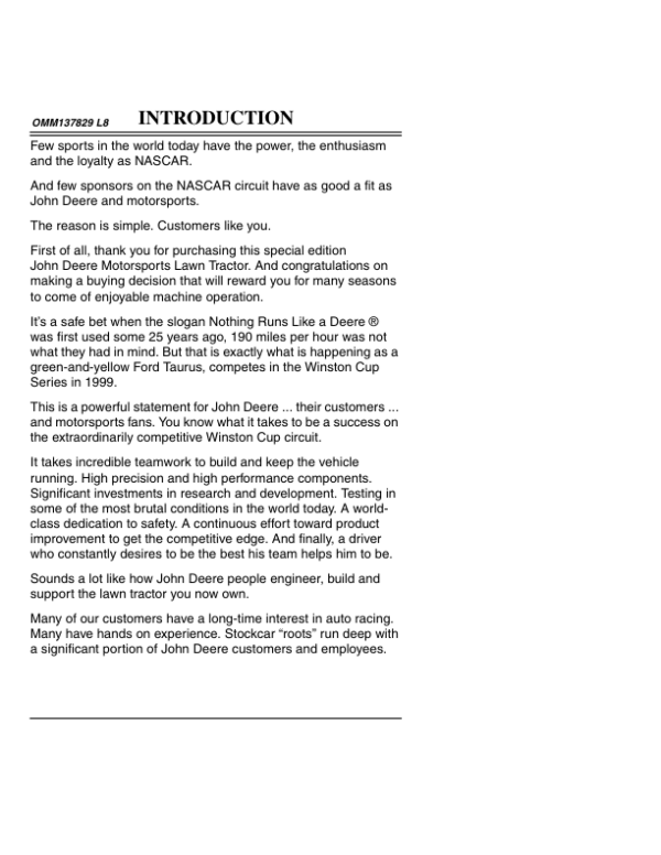 John Deere LT133 Lawn Tractor Special Edition Motorsports Operator’s Manual (OMM137829) Workshop Guide