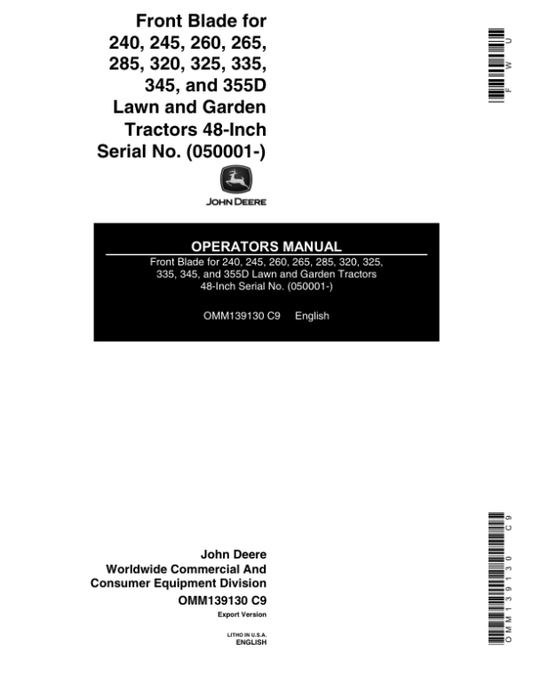 John Deere 48-Inch Front Blade (050001-) Operator’s Manual (OMM139130) Workshop Guide