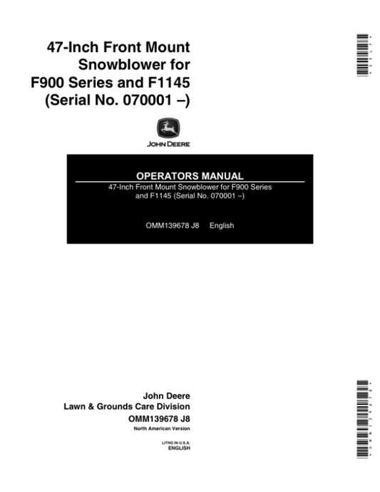 John Deere 47-In. Front Mount Snowblower for F900 Series, F1145 (070001-) Operator’s Manual (OMM139678) Workshop Guide