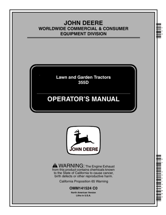 John Deere 355D Lawn & Garden Tractors (085001-) Operator’s Manual (OMM141524) Workshop Guide