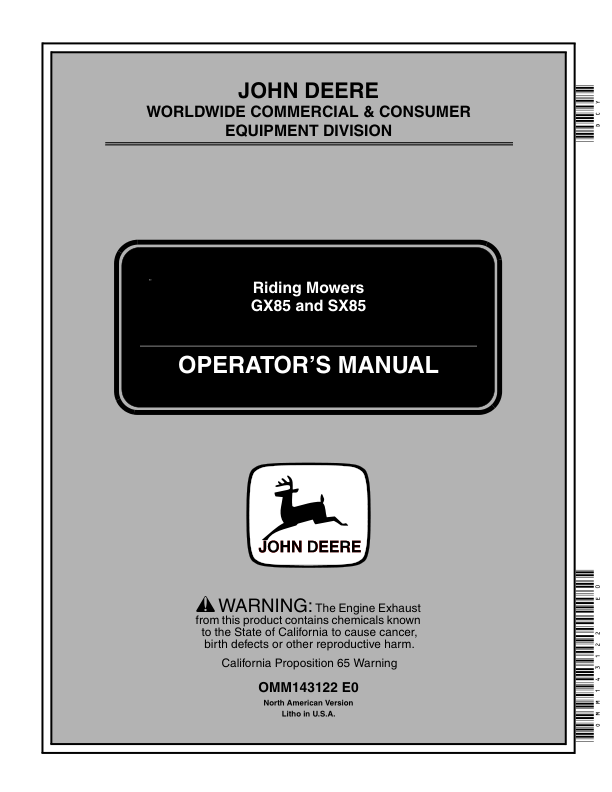 John Deere GX85 & SX85 Riding Mowers Operator’s Manual (OMM143122) Workshop Guide
