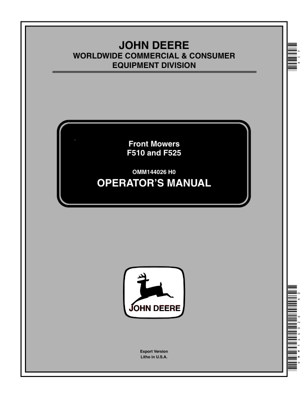 John Deere F510, F525 Front Mowers Operator’s Manual (OMM144026) Workshop Guide