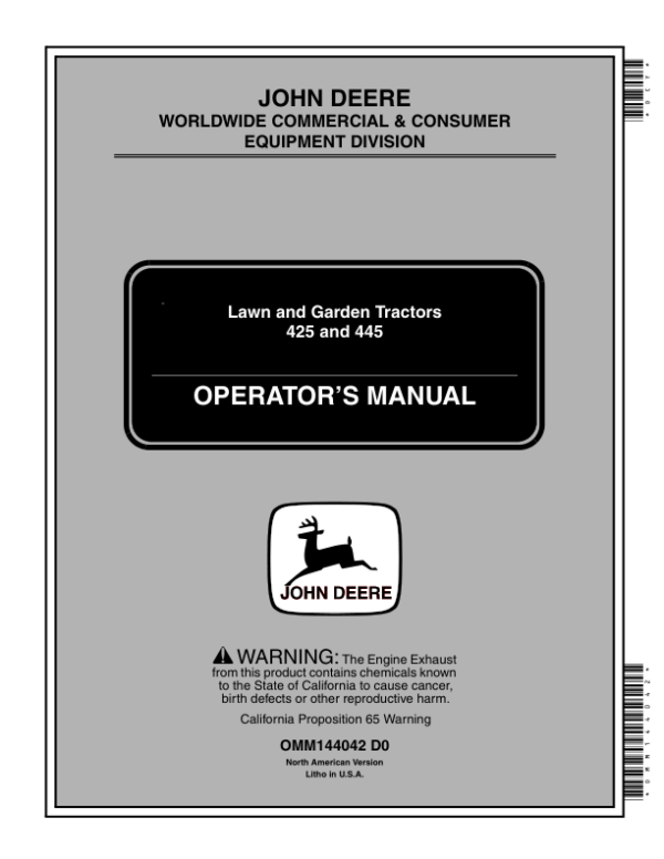 John Deere 425, 445 Lawn & Garden Tractors (070001-) Operator’s Manual (OMM144042) Workshop Guide