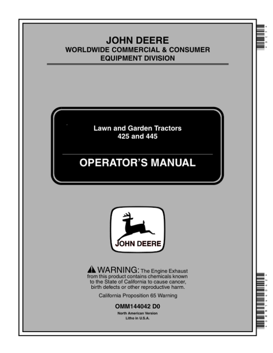 John Deere 425, 445 Lawn & Garden Tractors (070001-) Operator’s Manual (OMM144042) Workshop Guide
