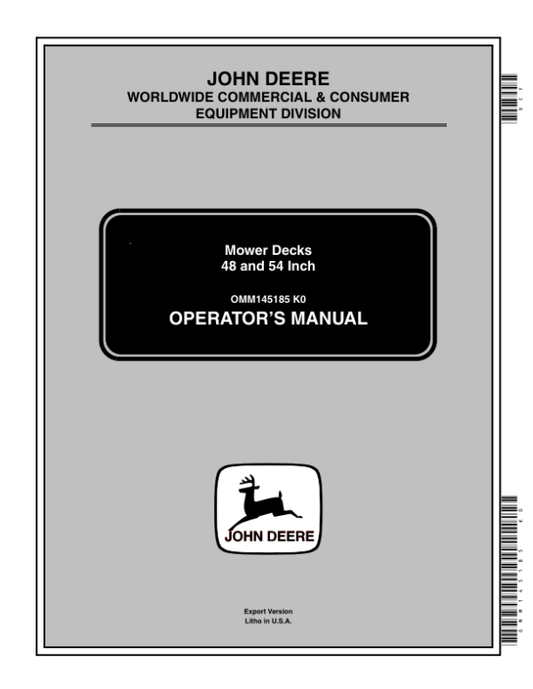 John Deere 48, 54 Inch Mower Decks Operator’s Manual (OMM145185) Workshop Guide