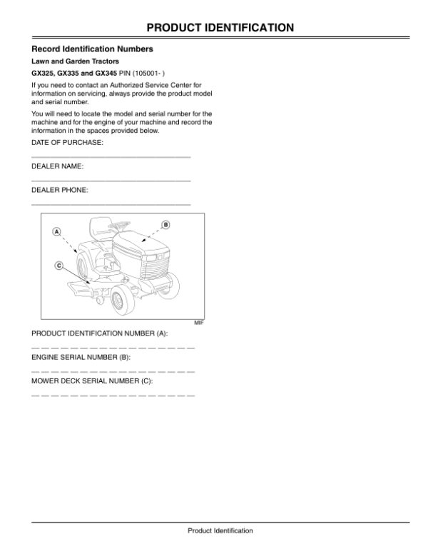 John Deere GX325, GX335 & GX345 Lawn & Garden Tractors Operator’s Manual (OMM145728) Workshop Guide
