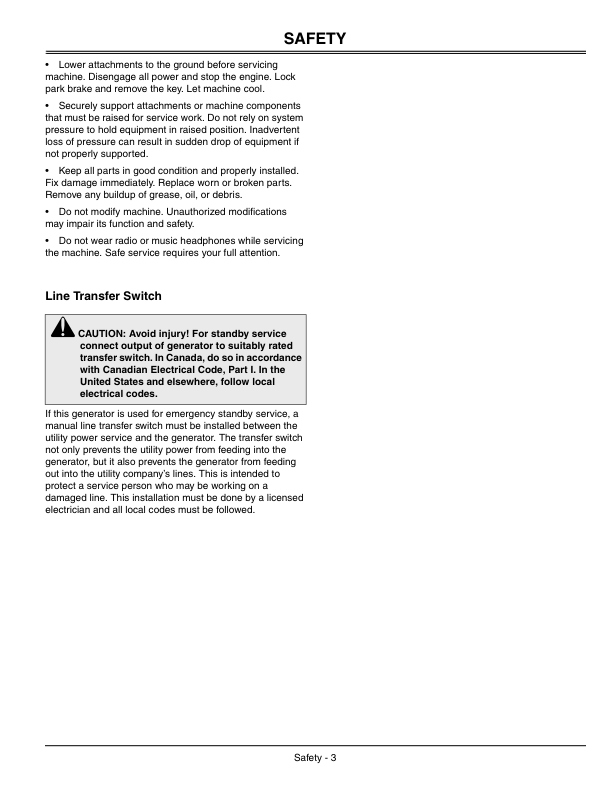 John Deere Generator 10000 PTO (010001-) for X465, X475, X485, X495, X575, X585, X595 Series Tractors Operator’s Manual (OMM147004) Workshop Guide