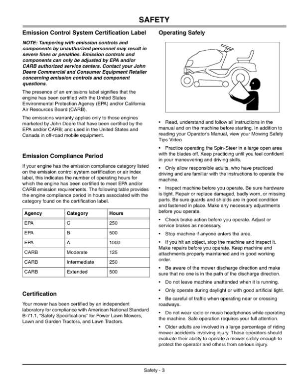 John Deere Spin-Steer Lawn Tractor SST15 Operator’s Manual (OMM147677) Workshop Guide