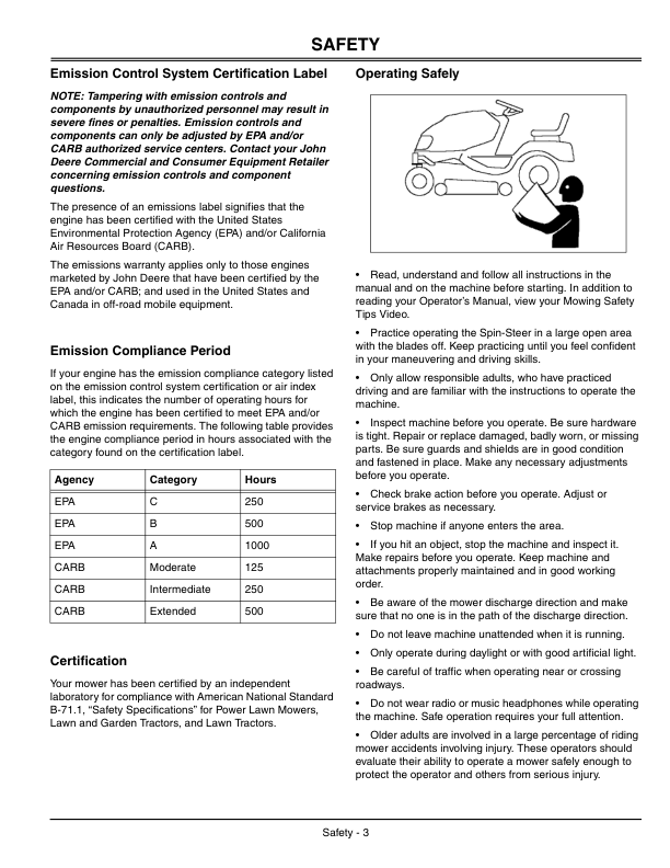 John Deere Spin-Steer Lawn Tractor SST15 Operator’s Manual (OMM147677) Workshop Guide
