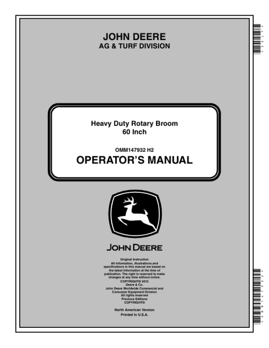John Deere 60-In. Heavy Duty Rotary Broom for CUT Operator’s Manual (OMM147932) Workshop Guide