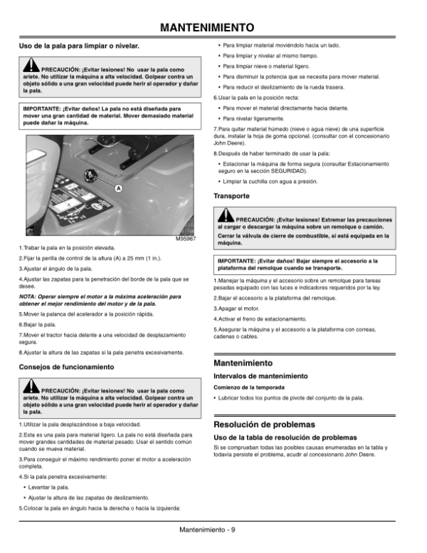 John Deere Front Blade 44-Inch for LX/GT Tractors w/footlift Operator’s Manual (OMM152144) Workshop Guide