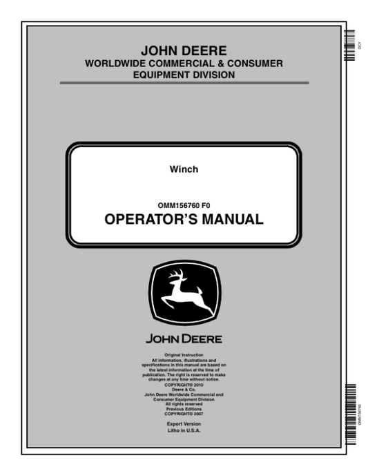 John Deere Multi-Mount Winch for XUV, HPX, T-Series Gator Utility Vehicles Operator’s Manual (OMM156760) Workshop Guide