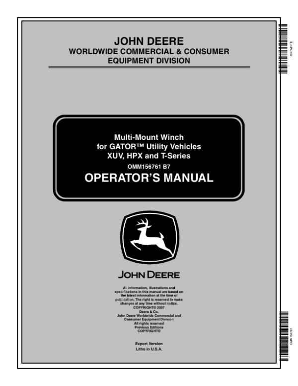 John Deere Multi-Mount Winch for XUV, HPX, T-Series Gator Utility Vehicles Operator’s Manual (OMM156761) Workshop Guide