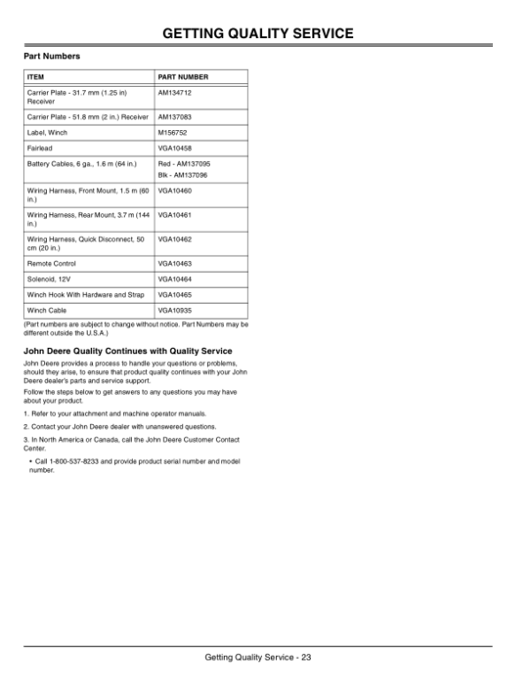 John Deere Multi-Mount Winch for XUV, HPX, T-Series Gator Utility Vehicles Operator’s Manual (OMM156761) Workshop Guide