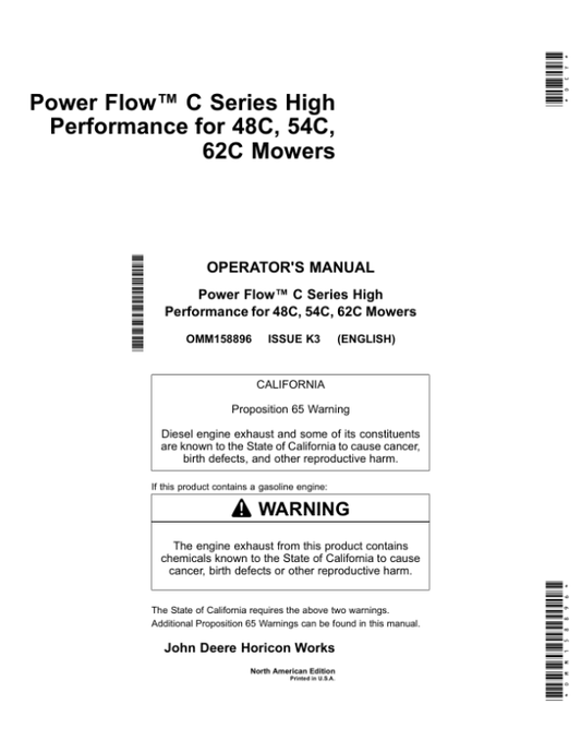 John Deere PowerFlow C Series High Performance for 48C, 54C & 62C Mower Decks on X300, X500, X700 Tractors Operator’s Manual (OMM158896) Workshop Guide