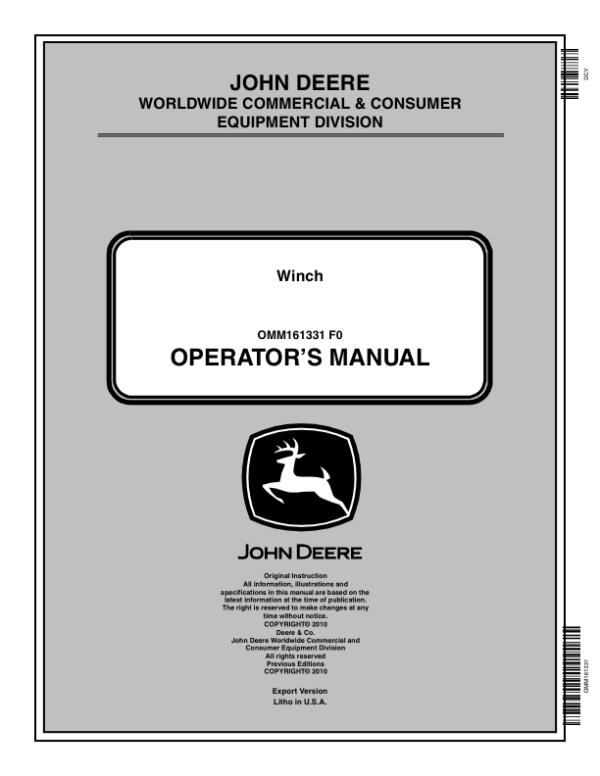 John Deere Multi-Mount Winch for XUV 625i, 825i, 855D Gator Operator’s Manual (OMM161331) Workshop Guide