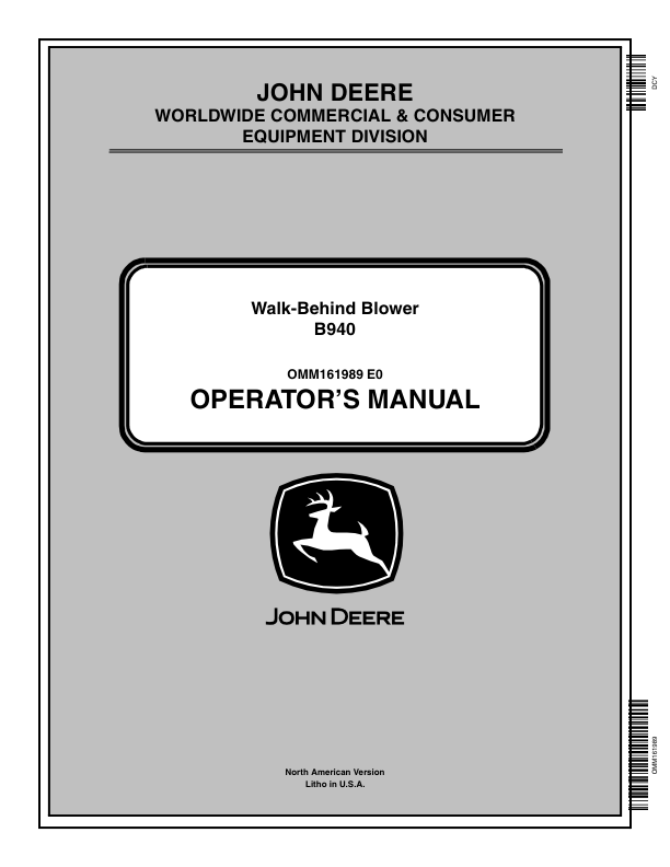 John Deere B940 Walk-Behind Blower Operator’s Manual (OMM161989) Workshop Guide