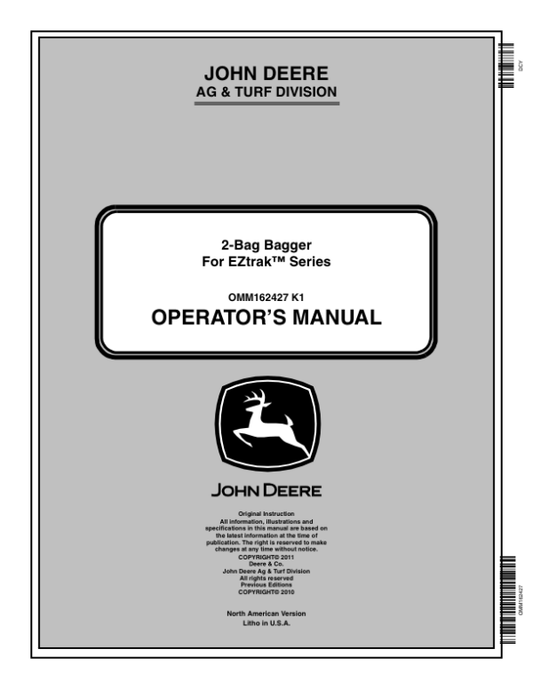 John Deere 2-Bag Bagger For EZtrak Series Operator’s Manual (OMM162427) Workshop Guide