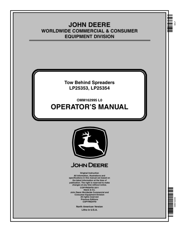 John Deere LP25353, LP25354 Push Spreader Operator’s Manual (OMM162995) Workshop Guide