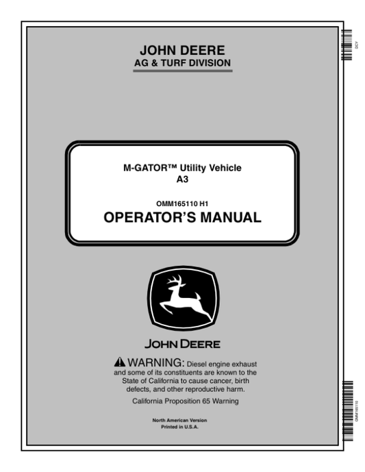 John Deere M-Gator A3 Utility All Terrain Vehicle North America (030001-060000) Operator’s Manual (OMM165110) Workshop Guide