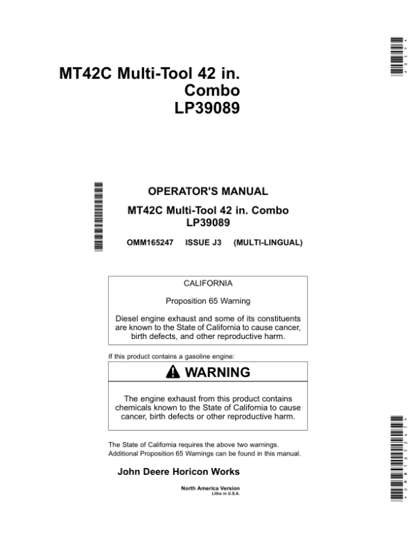 John Deere MT42C Multi-Tool 42 in. Combo LP39089 Operator’s Manual (OMM165247) Workshop Guide